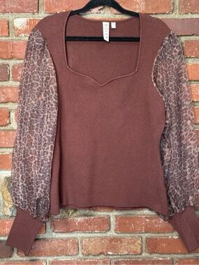 Anthropologie Dolan Animal Print Blouse Size XL Puff sleeve brown sheer sleeve